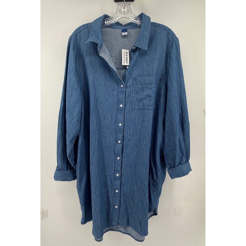 Old Navy Womens XL Denim Shirt Dress Medium Wash Cotton Button Down Pockets NEW